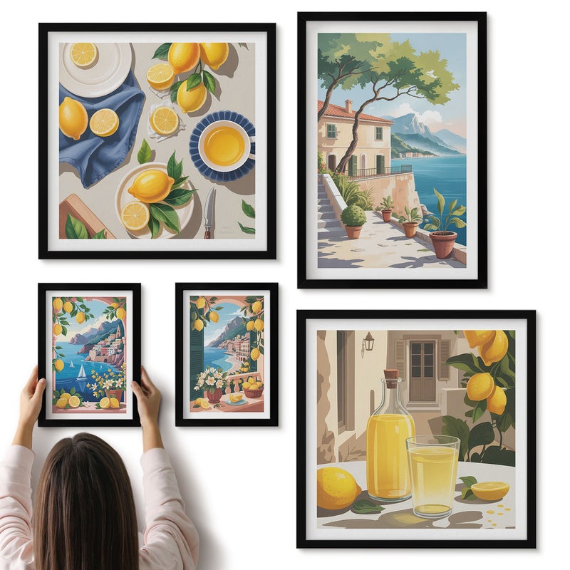 Galeria ścienna 5-częściowy komplet obrazów w czarnych ramach - Cytryny z widokiem na malownicze krajobrazy - ArtPrintCave