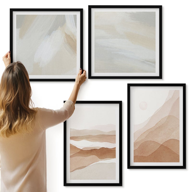 Galeria ścienna 4-częściowy komplet obrazów w czarnych ramach - Abstrakcyjne pejzaże w odcieniach brązu i beżu - ArtPrintCave