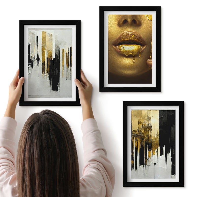 Galeria ścienna 3-częściowy komplet obrazów w czarnych ramach - Abstrakcyjne malarstwo i portret kobiety - ArtPrintCave