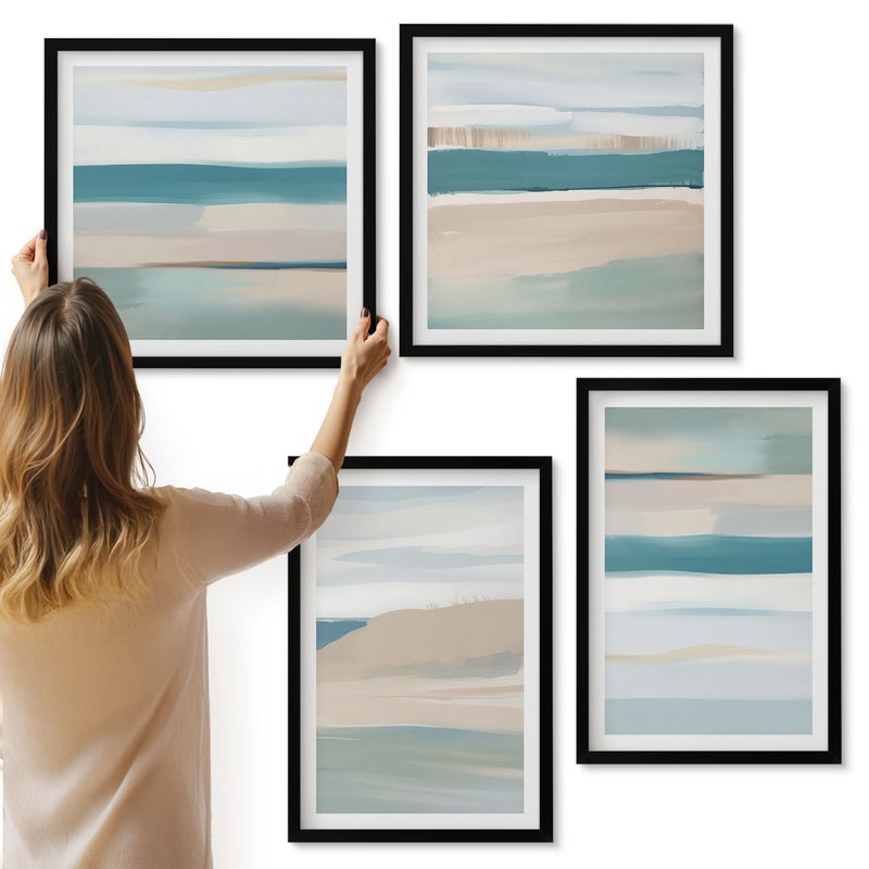 Galeria ścienna 4-częściowy komplet obrazów w czarnych ramach - Abstrakcyjne pejzaże w odcieniach niebieskiego i beżu - ArtPrintCave
