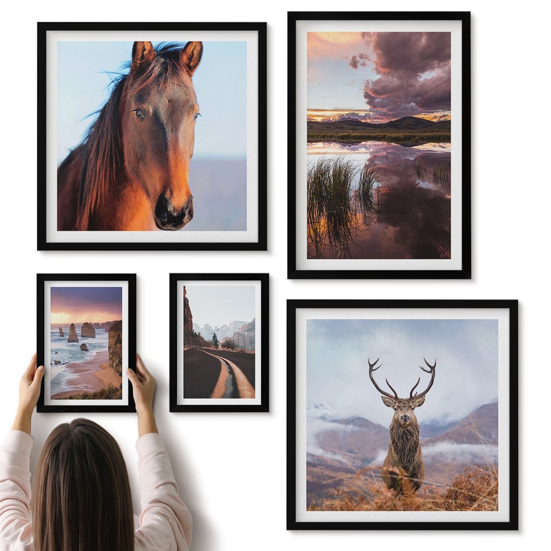 Galeria ścienna 5-częściowy komplet obrazów w czarnych ramach - Naturalne piękno krajobrazów i zwierząt w plenerze - ArtPrintCave