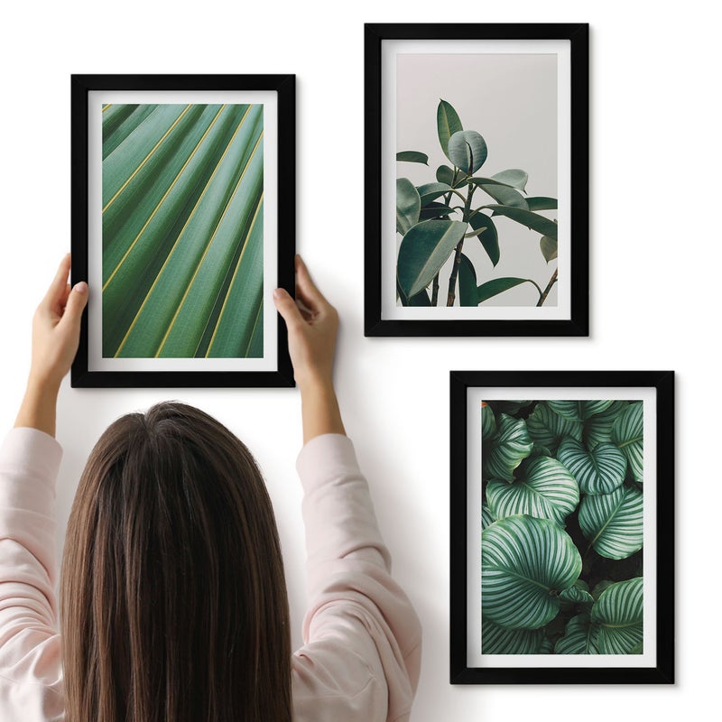 Galeria ścienna 3-częściowy komplet obrazów w czarnych ramach - Estetyczne liście tropikalne w różnych odcieniach zieleni - ArtPrintCave