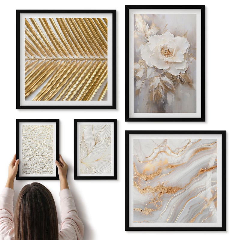 Galeria ścienna 5-częściowy komplet obrazów w czarnych ramach - Stylowe motywy roślinne z delikatnymi kwiatami i liśćmi - ArtPrintCave