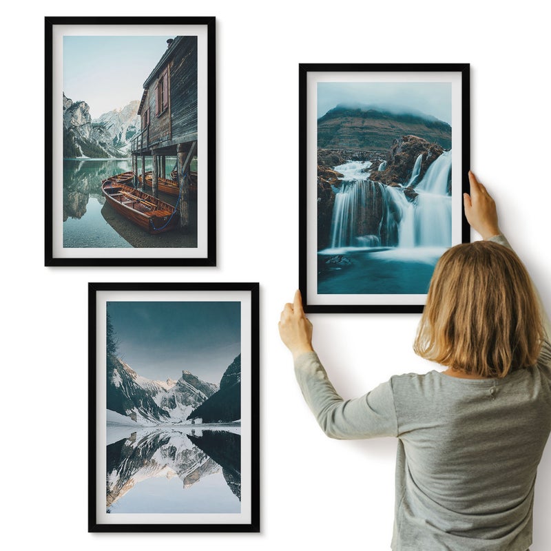 Galeria ścienna 3-częściowy komplet obrazów w czarnych ramach - Górskie krajobrazy z wodospadem i jeziorem - ArtPrintCave