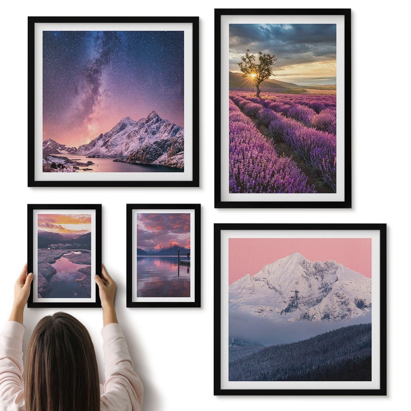 Galeria ścienna 5-częściowy komplet obrazów w czarnych ramach - Krajobrazy natury z lawendowymi polami i górami - ArtPrintCave