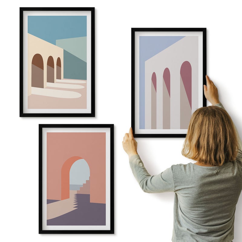 Galeria ścienna 3-częściowy komplet obrazów w czarnych ramach - Pastelowe minimalistyczne grafiki architektury miejskiej - ArtPrintCave
