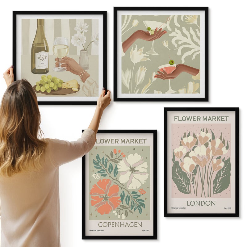 Galeria ścienna 4-częściowy komplet obrazów w czarnych ramach - Kwiatowe postery wino Kopenhaga Londyn - ArtPrintCave