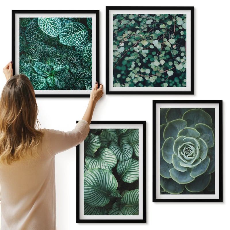 Galeria ścienna 4-częściowy komplet obrazów w czarnych ramach - Zielone liście roślin sukulentów i delikatnych gałązek - ArtPrintCave
