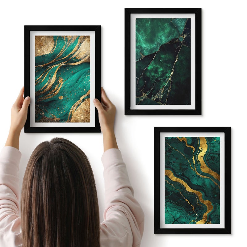 Galeria ścienna 3-częściowy komplet obrazów w czarnych ramach - Eleganckie abstrakcyjne wzory kamieni - ArtPrintCave