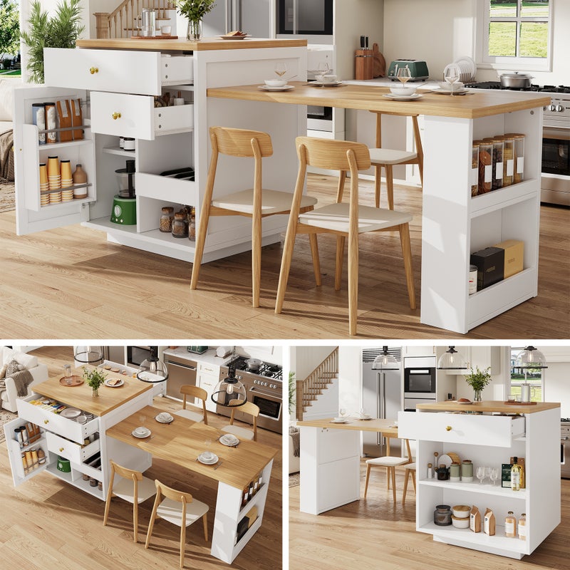Rozkładana wyspa kuchenna z 2 szufladami, 1 drzwiami, półką na butelki i schowkiem - MDF/metal - 122,5-195,5 x 70 x 93,8 cm - biała