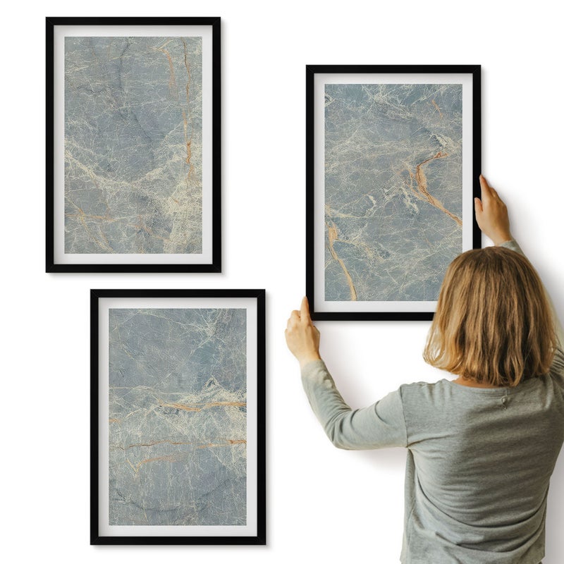 Galeria ścienna 3-częściowy komplet obrazów w czarnych ramach - Zielony marmur z żyłkami ozdobna struktura kamienna - ArtPrintCave