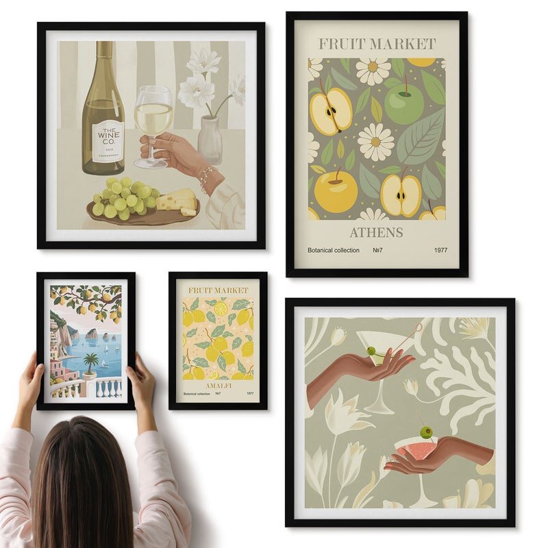 Galeria ścienna 5-częściowy komplet obrazów w czarnych ramach - Klimatyczne ilustracje owocowe i botaniczne z lat 70-tych - ArtPrintCave