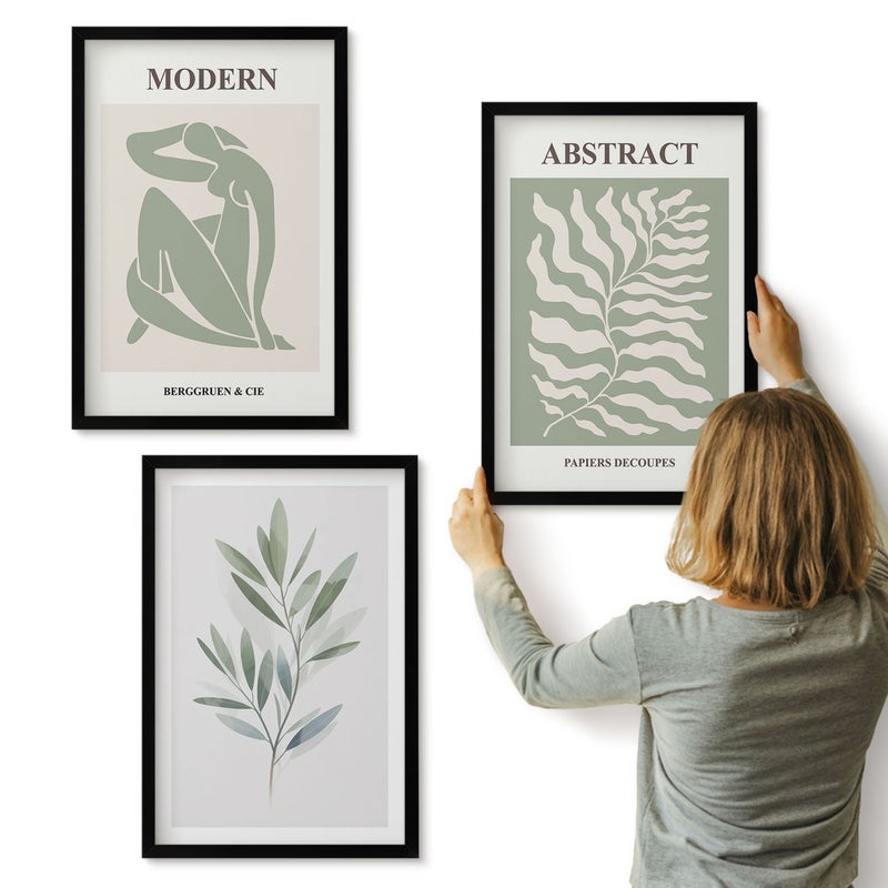 Galeria ścienna 3-częściowy komplet obrazów w czarnych ramach - Wzornictwo Matisse akwarelowe rośliny boho - ArtPrintCave