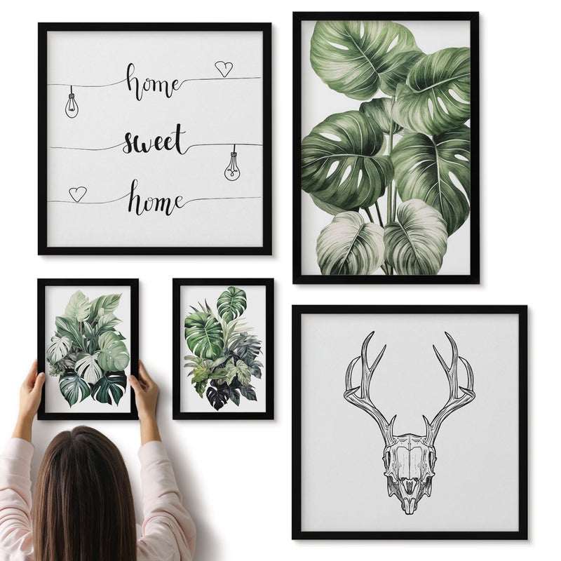 Galeria ścienna 5-częściowy komplet obrazów w czarnych ramach - Roślinne motywy z elementami natury i napisem home - ArtPrintCave