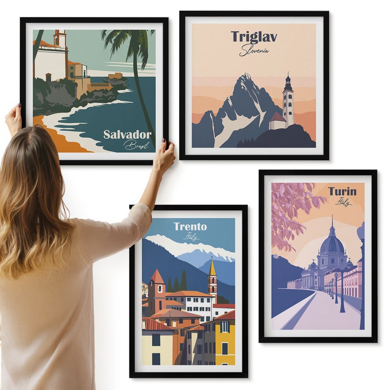 Galeria ścienna 4-częściowy komplet obrazów w czarnych ramach - Góry i architektura retro kolorowe ilustracje - ArtPrintCave