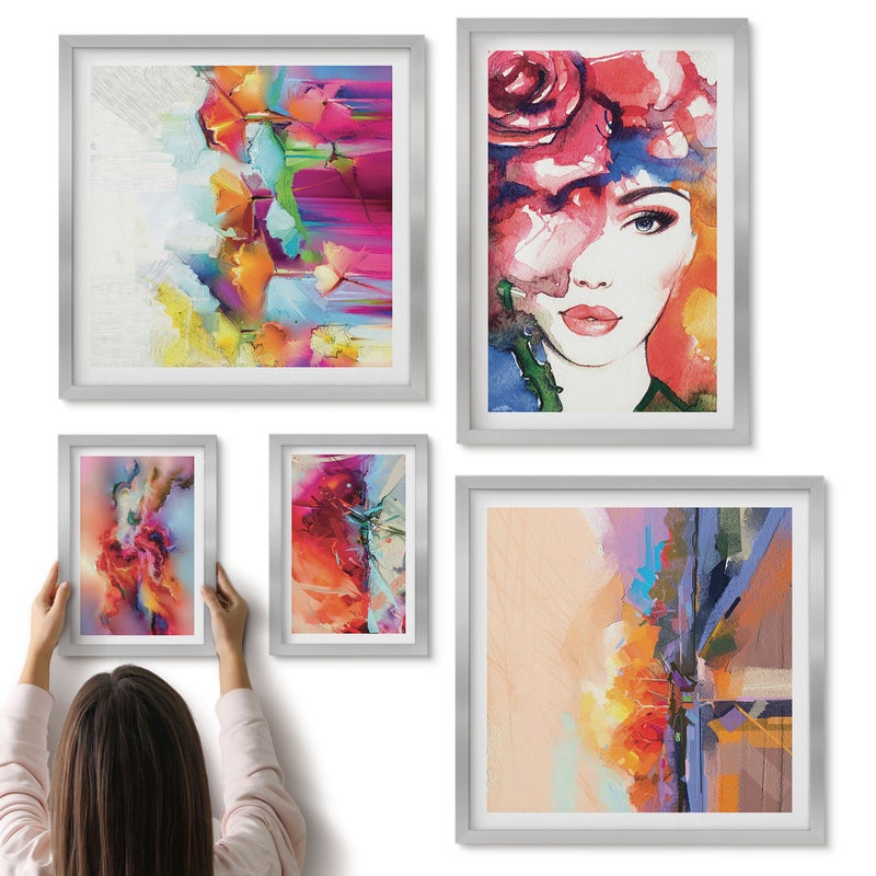 Galeria ścienna 5-częściowy komplet obrazów w srebrnych ramach - Kolorowe portrety i abstrakcyjne kompozycje artystyczne - ArtPrintCave