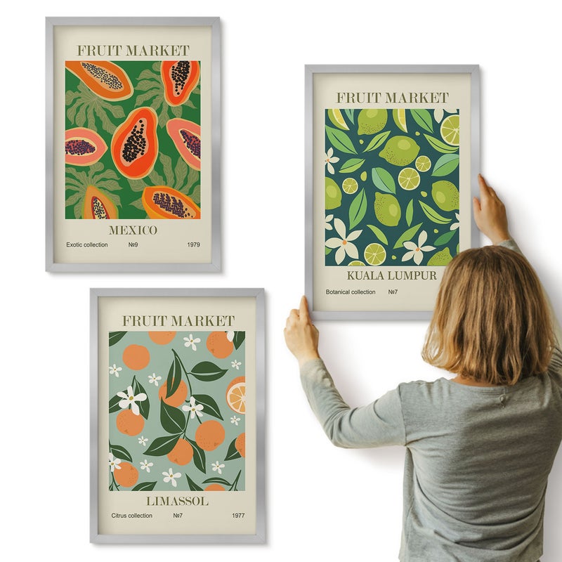 Galeria ścienna 3-częściowy komplet obrazów w srebrnych ramach - Owocowe wzory postery w stylu vintage - ArtPrintCave