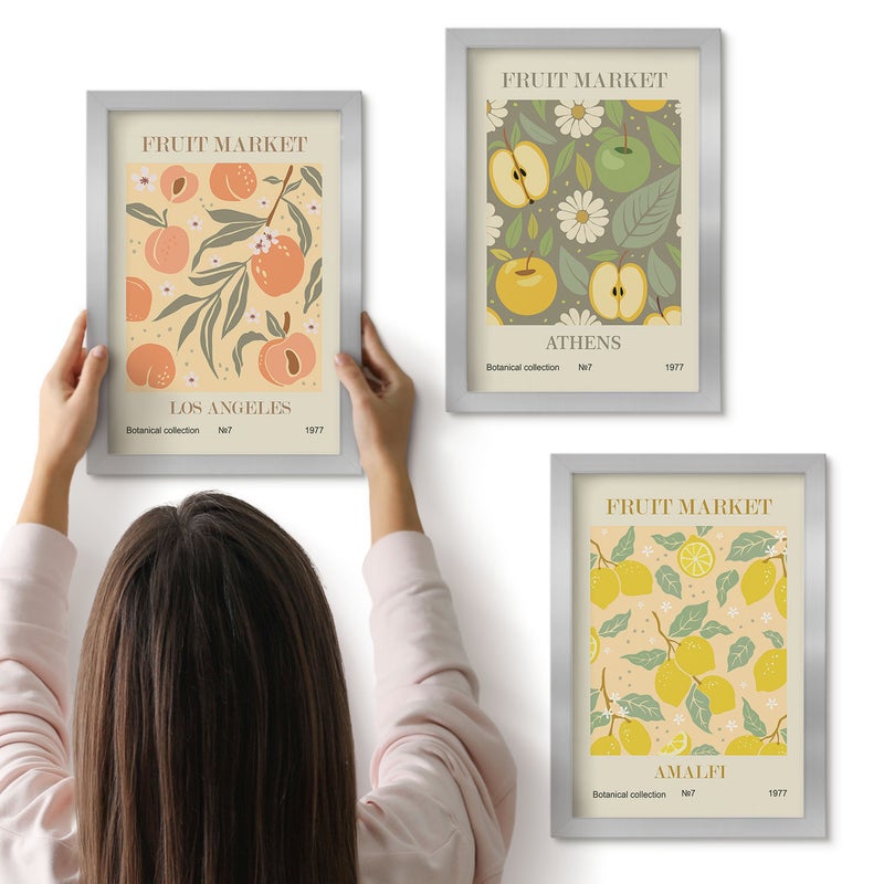 Galeria ścienna 3-częściowy komplet obrazów w srebrnych ramach - Owocowe wzory postery w retro stylu - ArtPrintCave