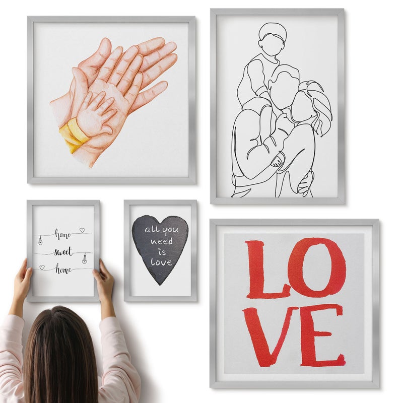 Galeria ścienna 5-częściowy komplet obrazów w srebrnych ramach - Rodzina miłość ciepło domowe chwile szczęścia - ArtPrintCave