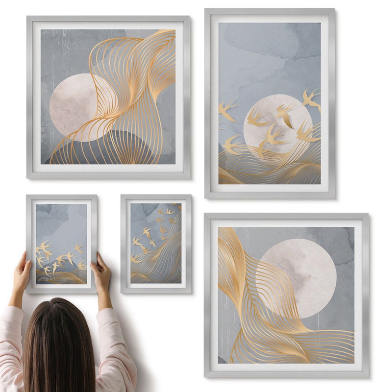 Galeria ścienna 5-częściowy komplet obrazów w srebrnych ramach - Harmonia natury w delikatnych odcieniach i motywach - ArtPrintCave