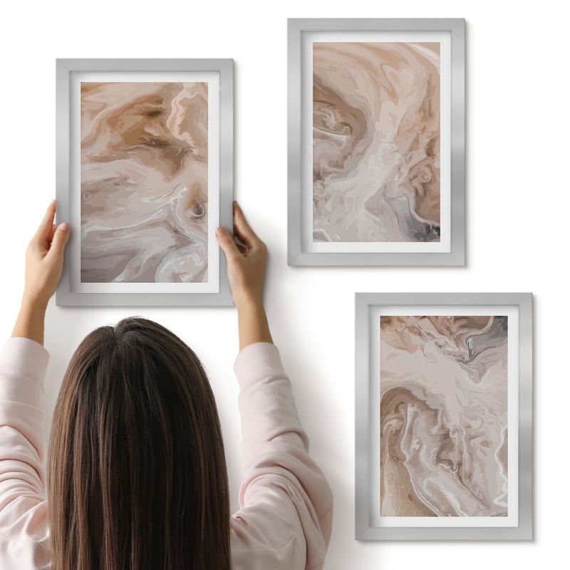 Galeria ścienna 3-częściowy komplet obrazów w srebrnych ramach - Marmurowe wzory abstrakcyjne tekstury kamienia - ArtPrintCave