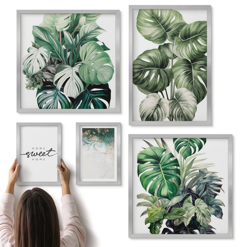 Galeria ścienna 5-częściowy komplet obrazów w srebrnych ramach - Roślinne motywy dekoracyjne w stylu nowoczesnym - ArtPrintCave
