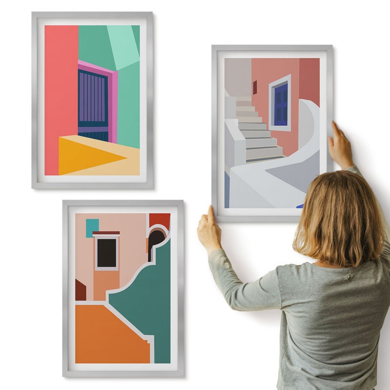 Galeria ścienna 3-częściowy komplet obrazów w srebrnych ramach - Kolorowe ilustracje budynków w stylu nowoczesnym - ArtPrintCave