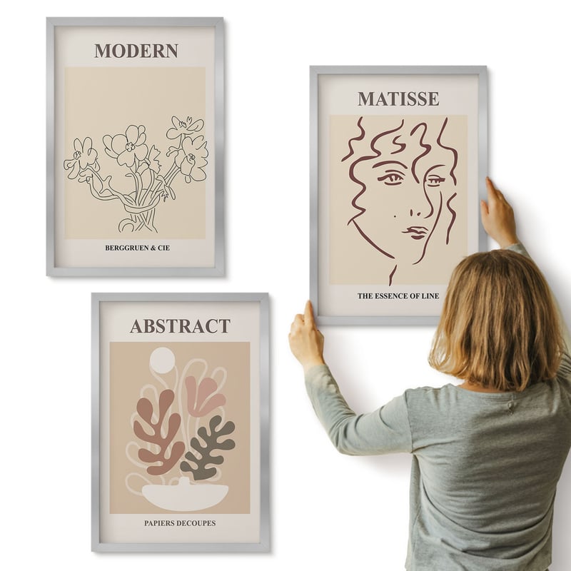 Galeria ścienna 3-częściowy komplet obrazów w srebrnych ramach - Roślinne motywy i linie w stylu nowoczesnym - ArtPrintCave
