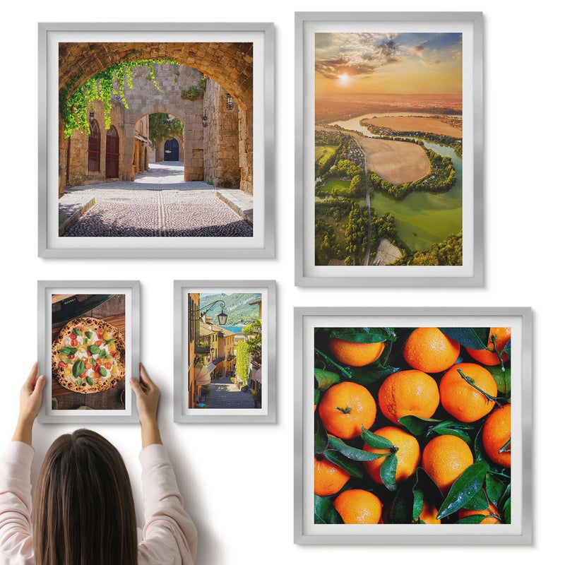 Galeria ścienna 5-częściowy komplet obrazów w srebrnych ramach - Krajobrazy natury z widokami na włoskie smaki - ArtPrintCave