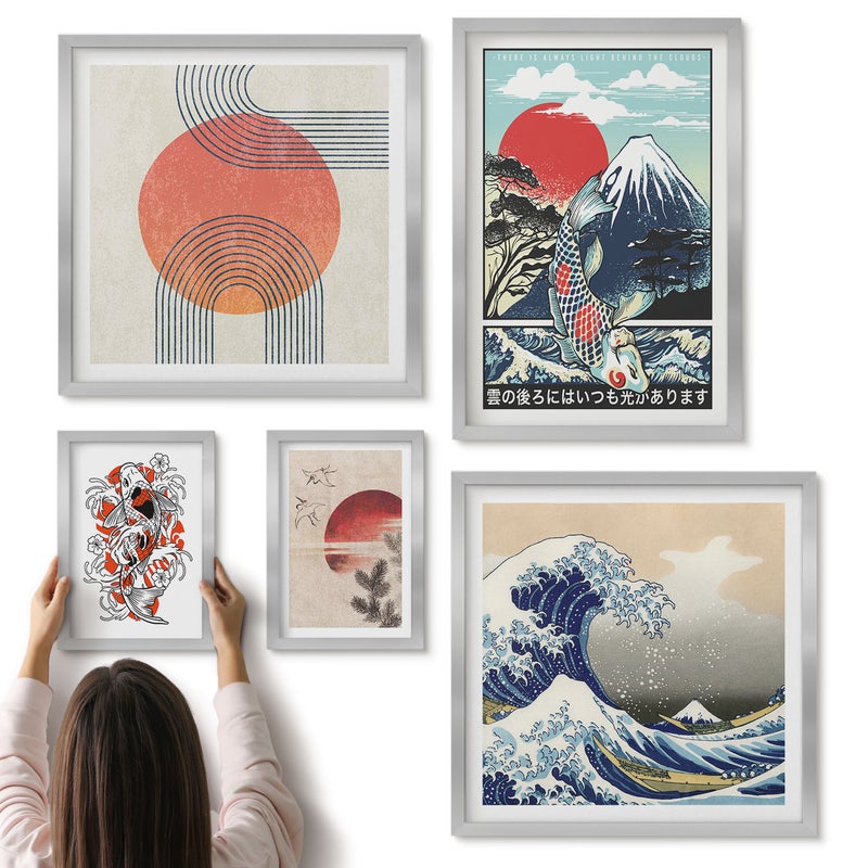 Galeria ścienna 5-częściowy komplet obrazów w srebrnych ramach - Sztuka japońska motywy fal i tradycyjne wzory - ArtPrintCave