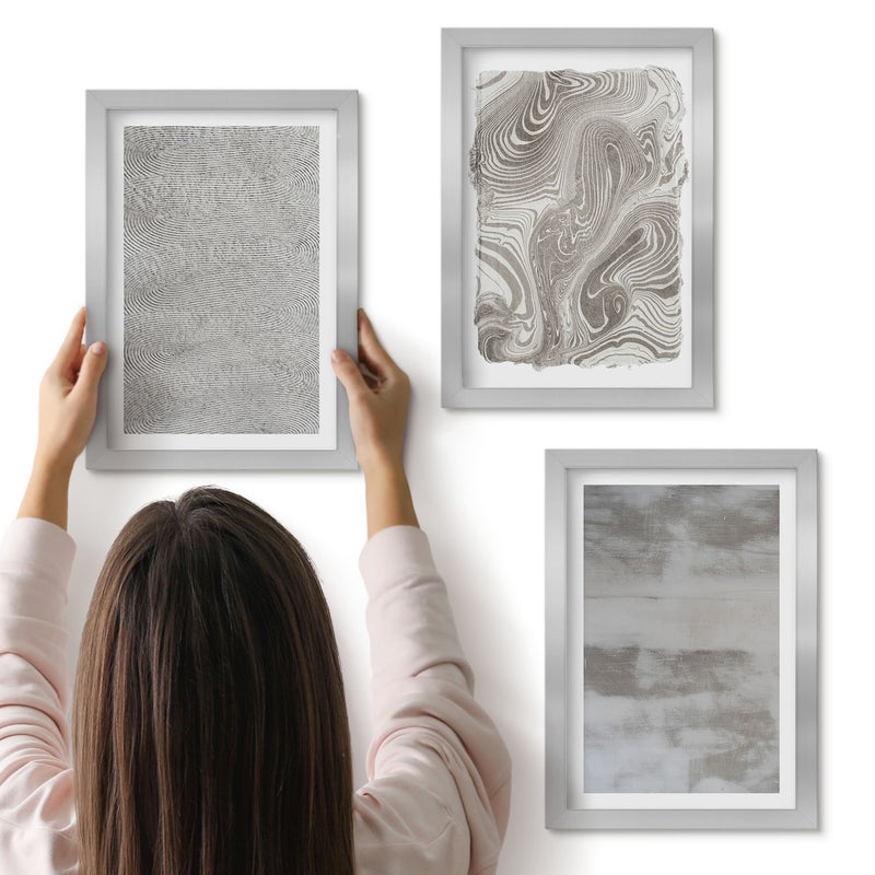 Galeria ścienna 3-częściowy komplet obrazów w srebrnych ramach - Industrialne struktury abstrakcyjne wzornictwo - ArtPrintCave