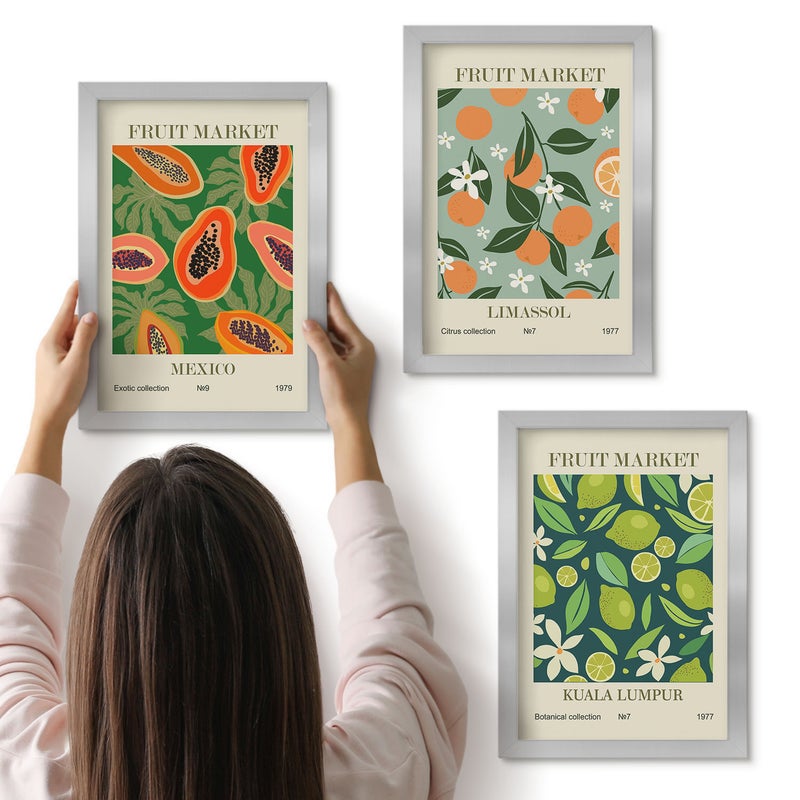Galeria ścienna 3-częściowy komplet obrazów w srebrnych ramach - Owocowe wzory postery w stylu vintage - ArtPrintCave