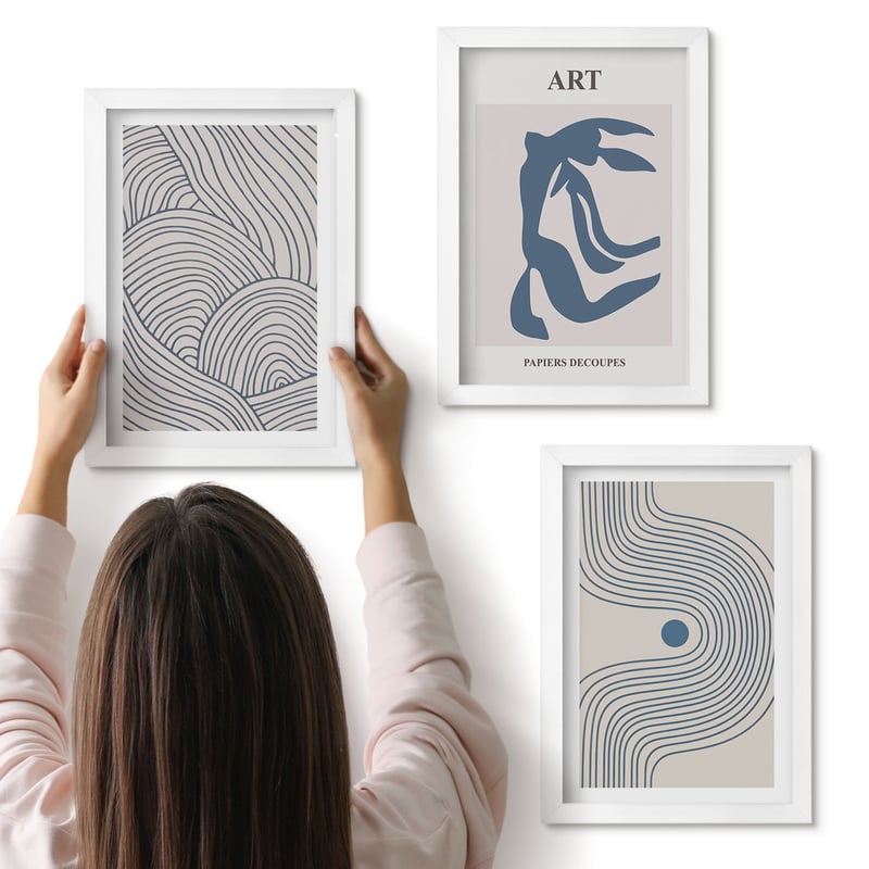 Galeria ścienna 3-częściowy komplet obrazów w białych ramach - Abstrakcyjne wzory linii i kształtów w odcieniach niebieskiego - ArtPrintCave