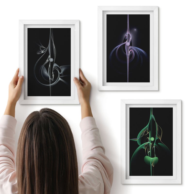 Galeria ścienna 3-częściowy komplet obrazów w białych ramach - Abstrakcyjne wzory w odcieniach czerni i kolorów - ArtPrintCave