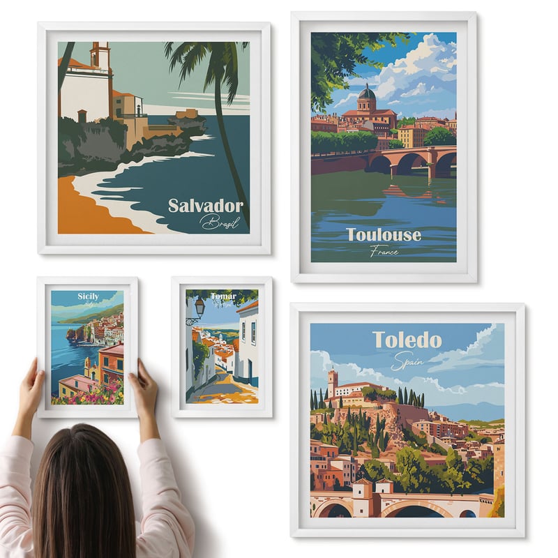 Galeria ścienna 5-częściowy komplet obrazów w białych ramach - Europejskie miasta malownicze widoki i krajobrazy - ArtPrintCave