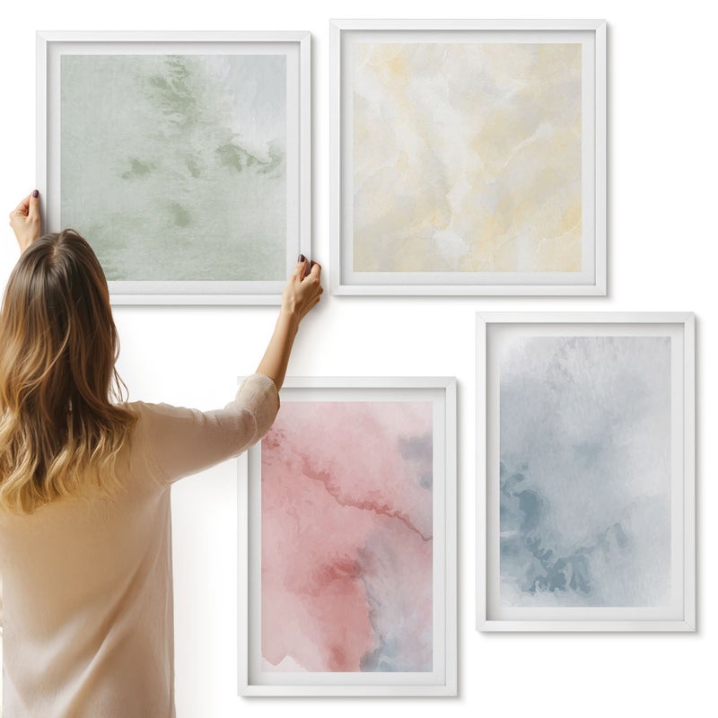 Galeria ścienna 4-częściowy komplet obrazów w białych ramach - Pastelowe struktury kolorowe akwarele na płótnie - ArtPrintCave