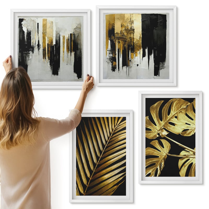 Galeria ścienna 4-częściowy komplet obrazów w białych ramach - Liście palmowe liście monstery eleganckie abstrakcje - ArtPrintCave