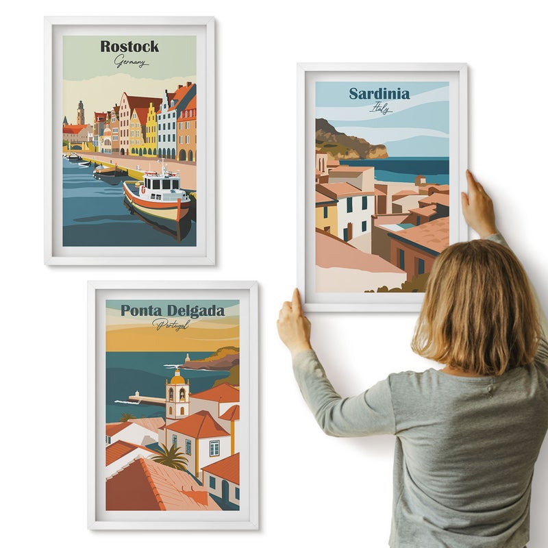 Galeria ścienna 3-częściowy komplet obrazów w białych ramach - Widoki europejskich miast nadmorskich i portowych - ArtPrintCave