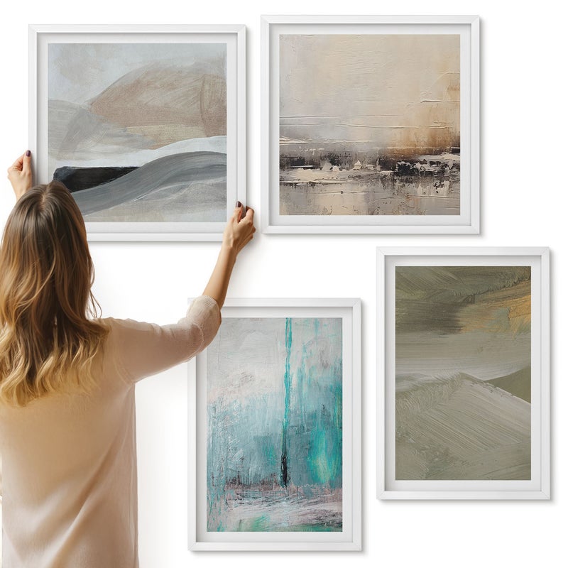 Galeria ścienna 4-częściowy komplet obrazów w białych ramach - Malowana abstrakcja minimalistyczne dekoracje - ArtPrintCave