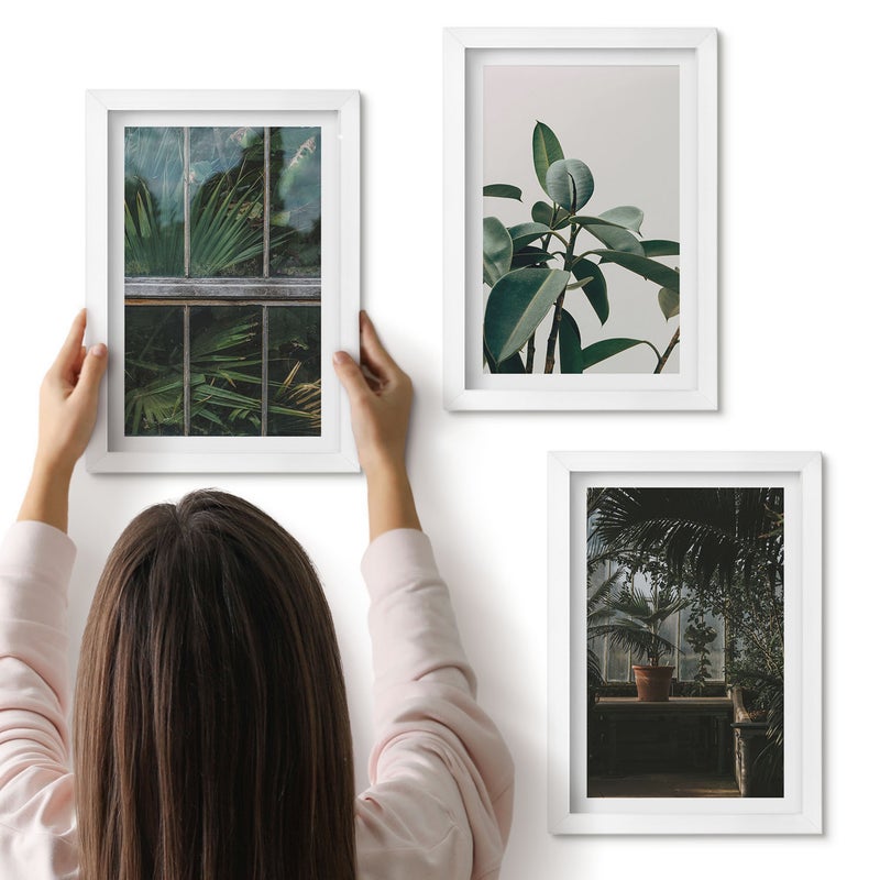 Galeria ścienna 3-częściowy komplet obrazów w białych ramach - Zielone liście w oknie i rośliny w wnętrzu - ArtPrintCave