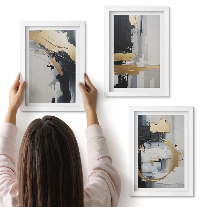 Galeria ścienna 3-częściowy komplet obrazów w białych ramach - Abstrakcyjne kompozycje malarskie w czerni i bieli - ArtPrintCave