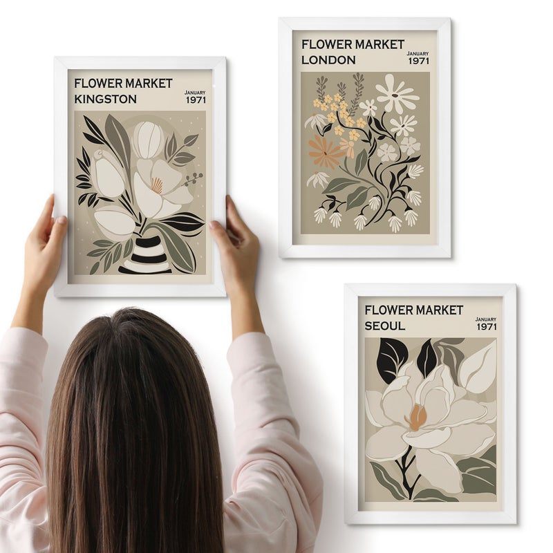 Galeria ścienna 3-częściowy komplet obrazów w białych ramach - Kwiaty w stylu retro z różnych miast świata - ArtPrintCave