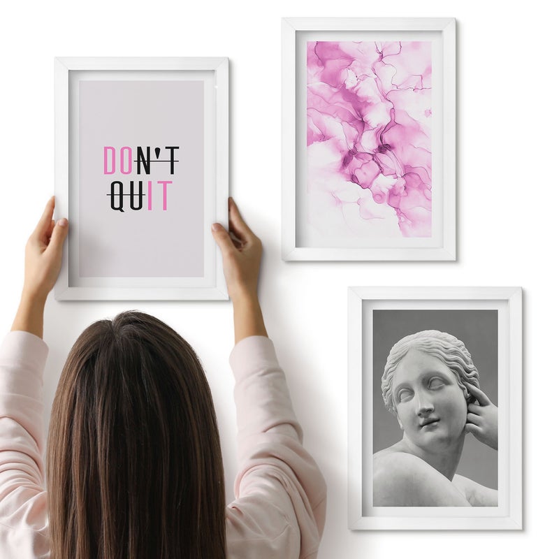 Galeria ścienna 3-częściowy komplet obrazów w białych ramach - Abstrakcja akwareli inspirujące hasło antyczna rzeźba - ArtPrintCave