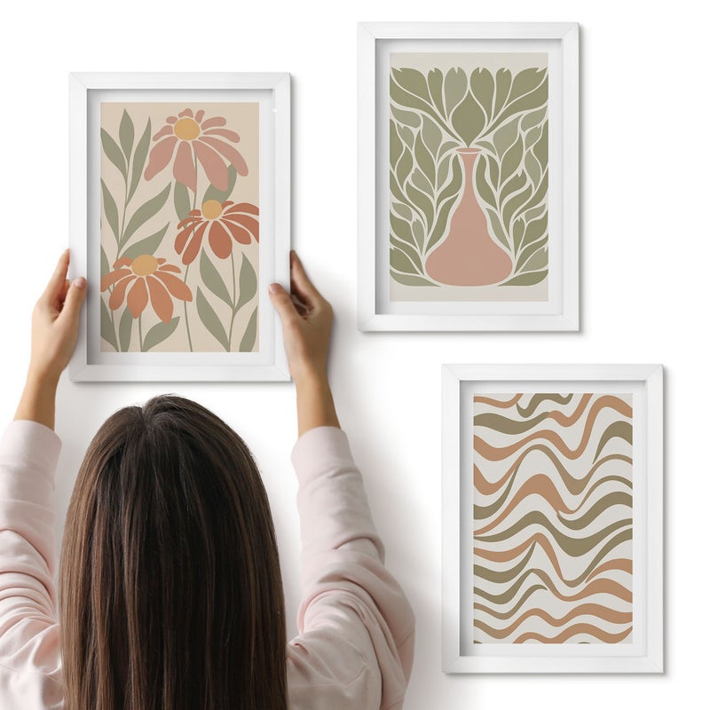 Galeria ścienna 3-częściowy komplet obrazów w białych ramach - Pastelowe ilustracje kwiatowe falista abstrakcja - ArtPrintCave