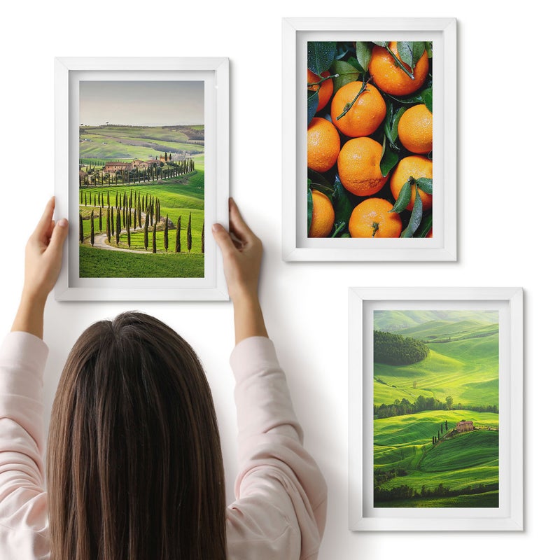 Galeria ścienna 3-częściowy komplet obrazów w białych ramach - Krajobraz włoskiej wsi z pomarańczami i naturą - ArtPrintCave