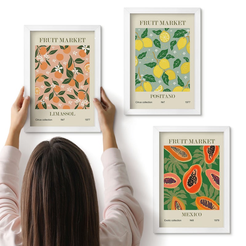 Galeria ścienna 3-częściowy komplet obrazów w białych ramach - Owoce cytrusowe i tropikalne w stylu retro - ArtPrintCave