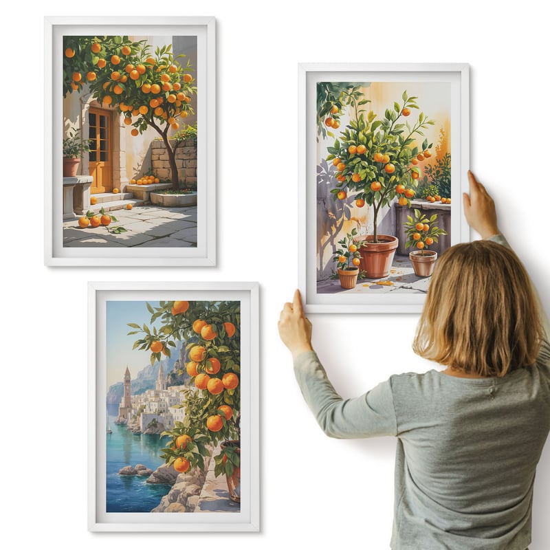 Galeria ścienna 3-częściowy komplet obrazów w białych ramach - Malowane cytrusy i krajobrazy nadmorskie - ArtPrintCave