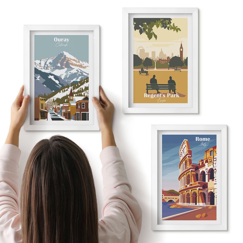 Galeria ścienna 3-częściowy komplet obrazów w białych ramach - Góry w Ouray Park w Londynie Koloseum w Rzymie - ArtPrintCave