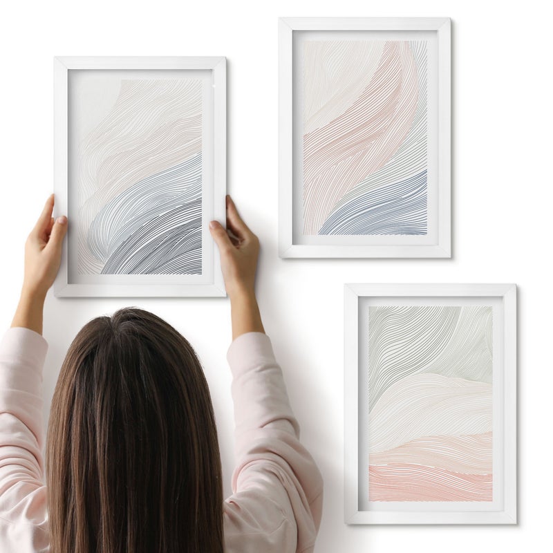 Galeria ścienna 3-częściowy komplet obrazów w białych ramach - Abstrakcyjne fale malunek tektury pastelowe barwy - ArtPrintCave