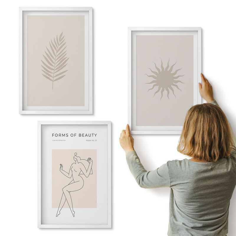 Galeria ścienna 3-częściowy komplet obrazów w białych ramach - Kolekcja minimalistycznych form i naturalnych kształtów - ArtPrintCave